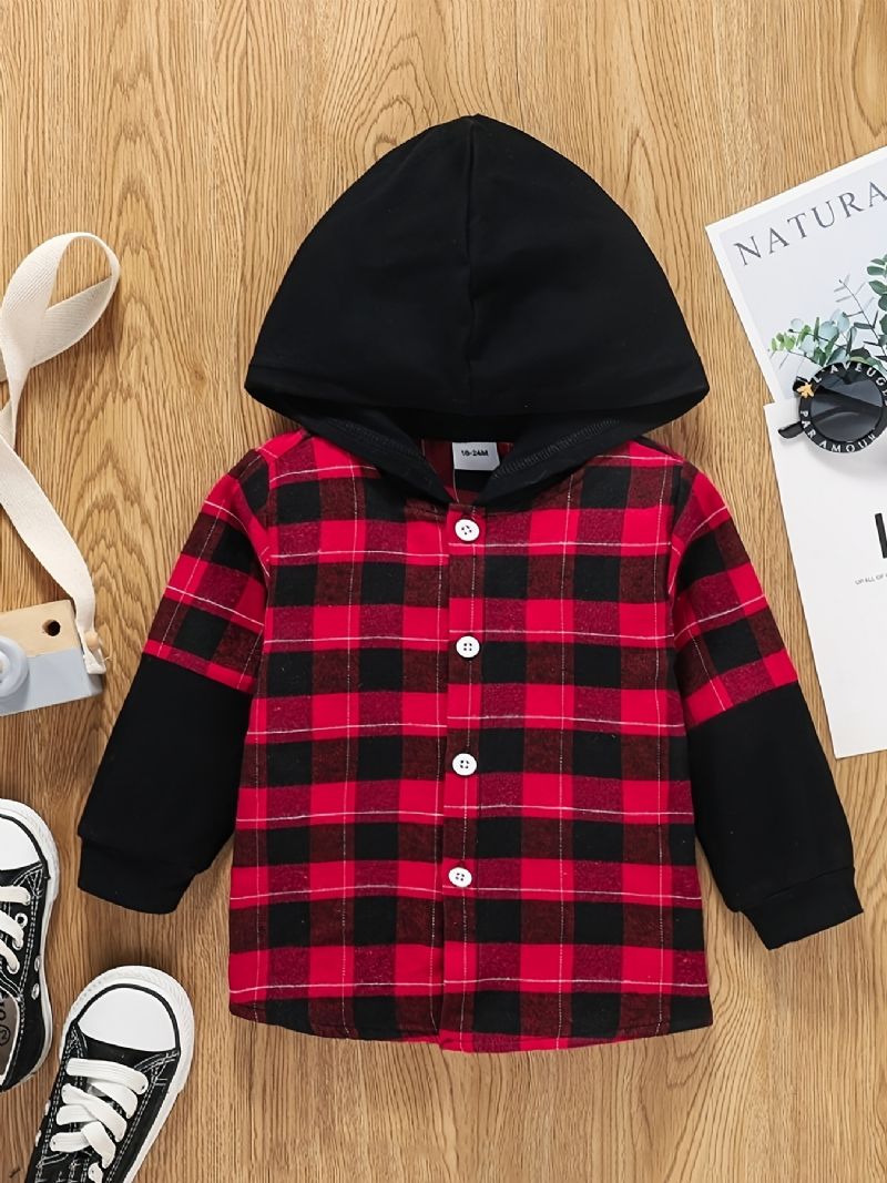 Drenge Casual Color Block Hættejakke Med Plaid Print Button Down Outwear Børnetøj