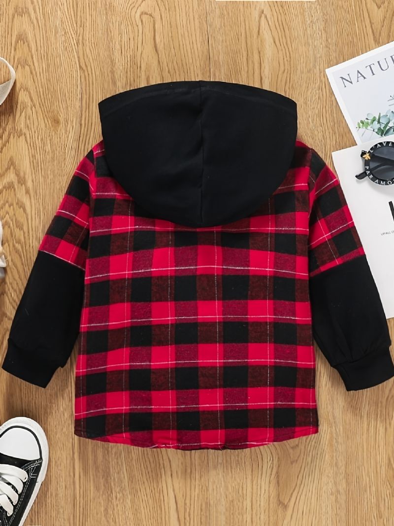 Drenge Casual Color Block Hættejakke Med Plaid Print Button Down Outwear Børnetøj