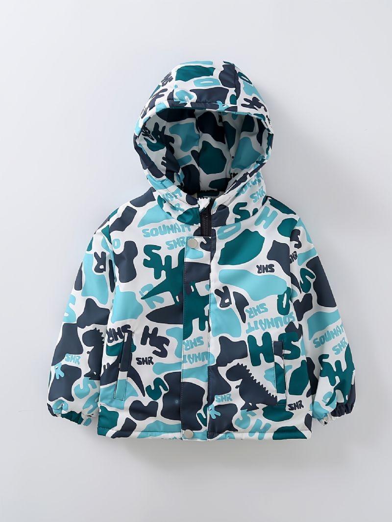 Drenge Casual Fleece Vindtæt Hætte Vindjakke Med Tegneserie Dinosaur Print Langærmet Termisk Outwear Til Vinter Udendørs