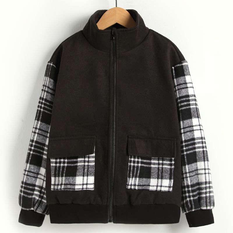 Drenge Casual Plaid Pocket Front Lynlås Langærmet Warm Coast Jacket Tøj