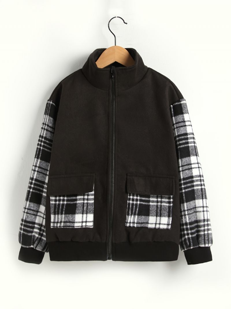 Drenge Casual Plaid Pocket Front Lynlås Langærmet Warm Coast Jacket Tøj