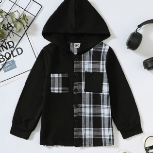 Drenge Casual Stitching Plaid Hættejakke Med Cardigankrave Til Vinter