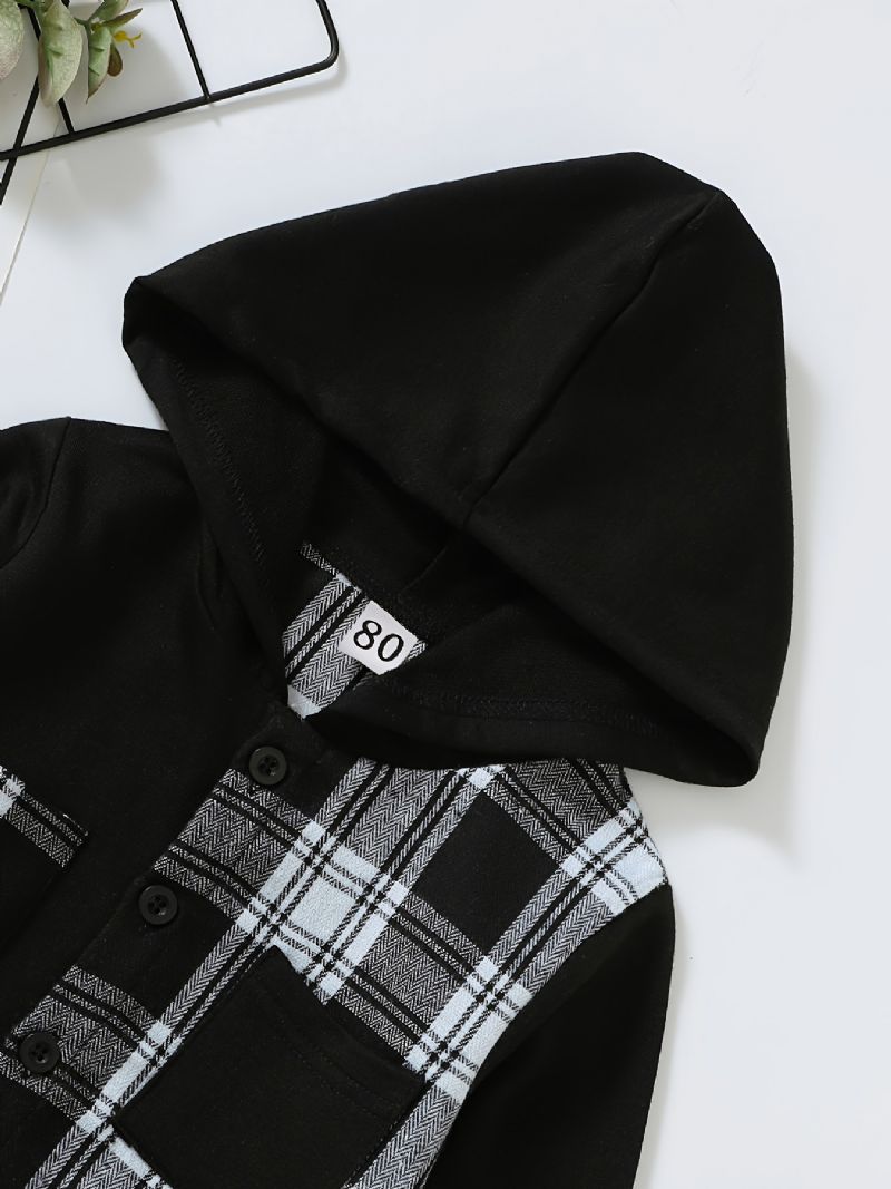 Drenge Casual Stitching Plaid Hættejakke Med Cardigankrave Til Vinter