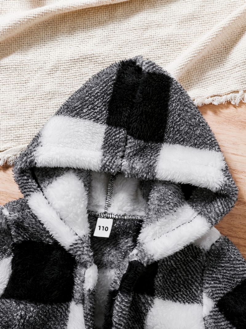 Drenge Fleece Plaid Mønster Hættejakke Casual Blødt Børnetøj