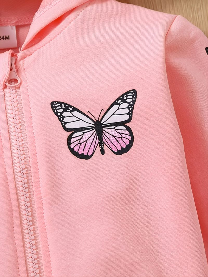 Piger Baby Mode Butterfly Print Hætte Lynlås Jakke Frakke Efterår