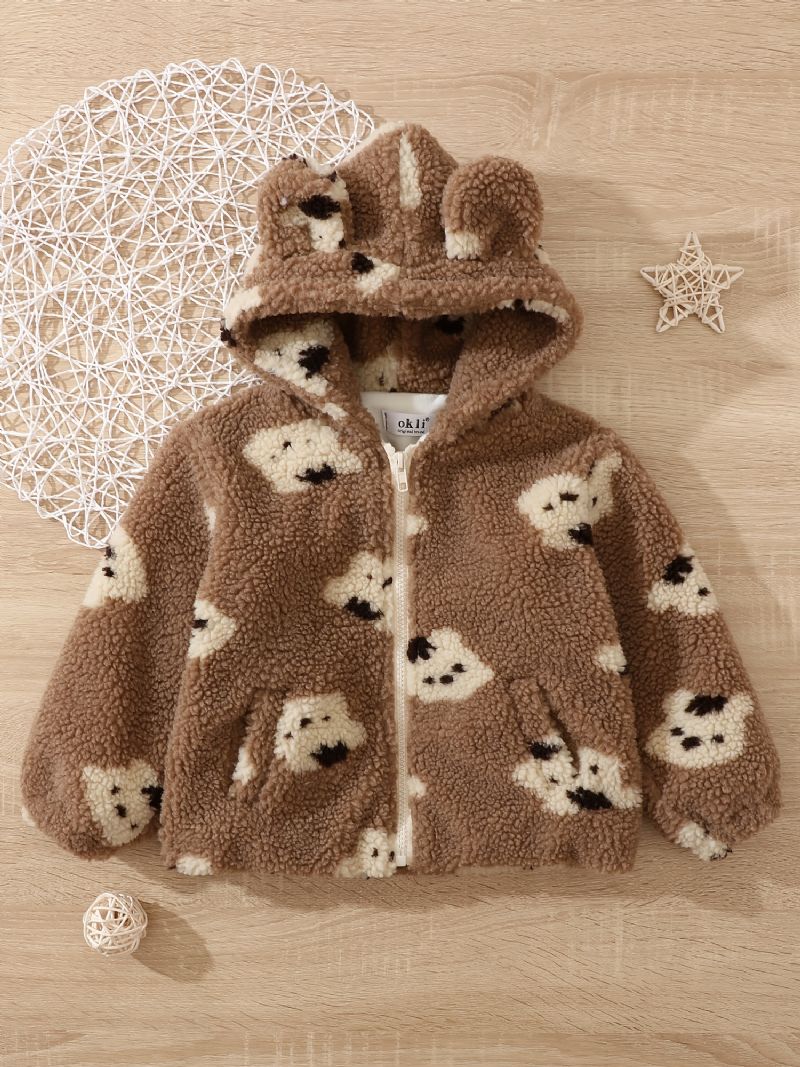 Piger Casual Sød Fleece Termisk Bear Print Lynlås Hættejakke Outwear Til Vinter