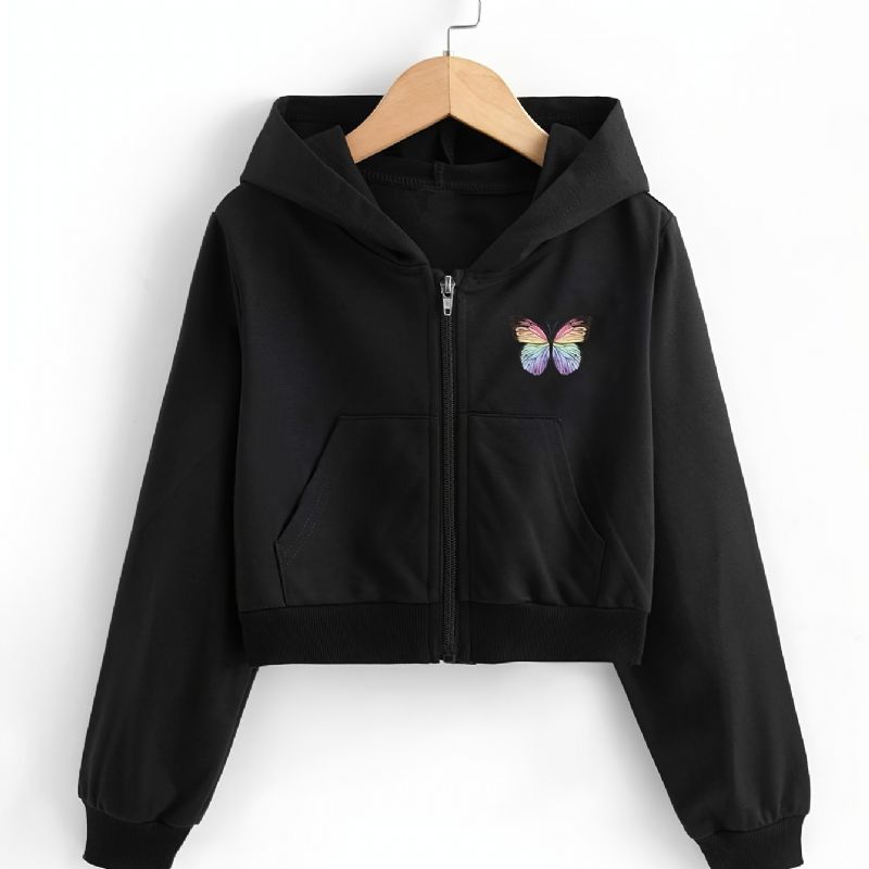 Piger Crop Top Hættetrøjer Butterfly Print Zip Up Jacket Børnetøj