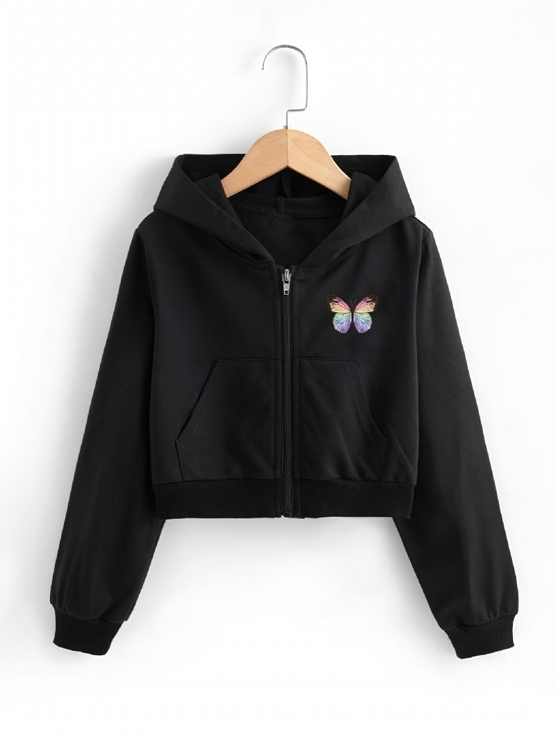 Piger Crop Top Hættetrøjer Butterfly Print Zip Up Jacket Børnetøj