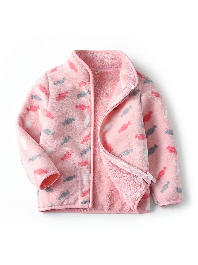 Piger New Thickened Fleece Stand Krave Jakke Med Candy Print Outwear For Winter Pink