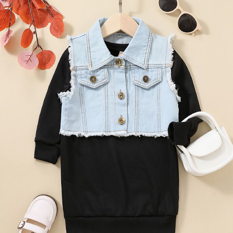 Toddler Piger Raw Cut Denim Vest Jakke & Kjole